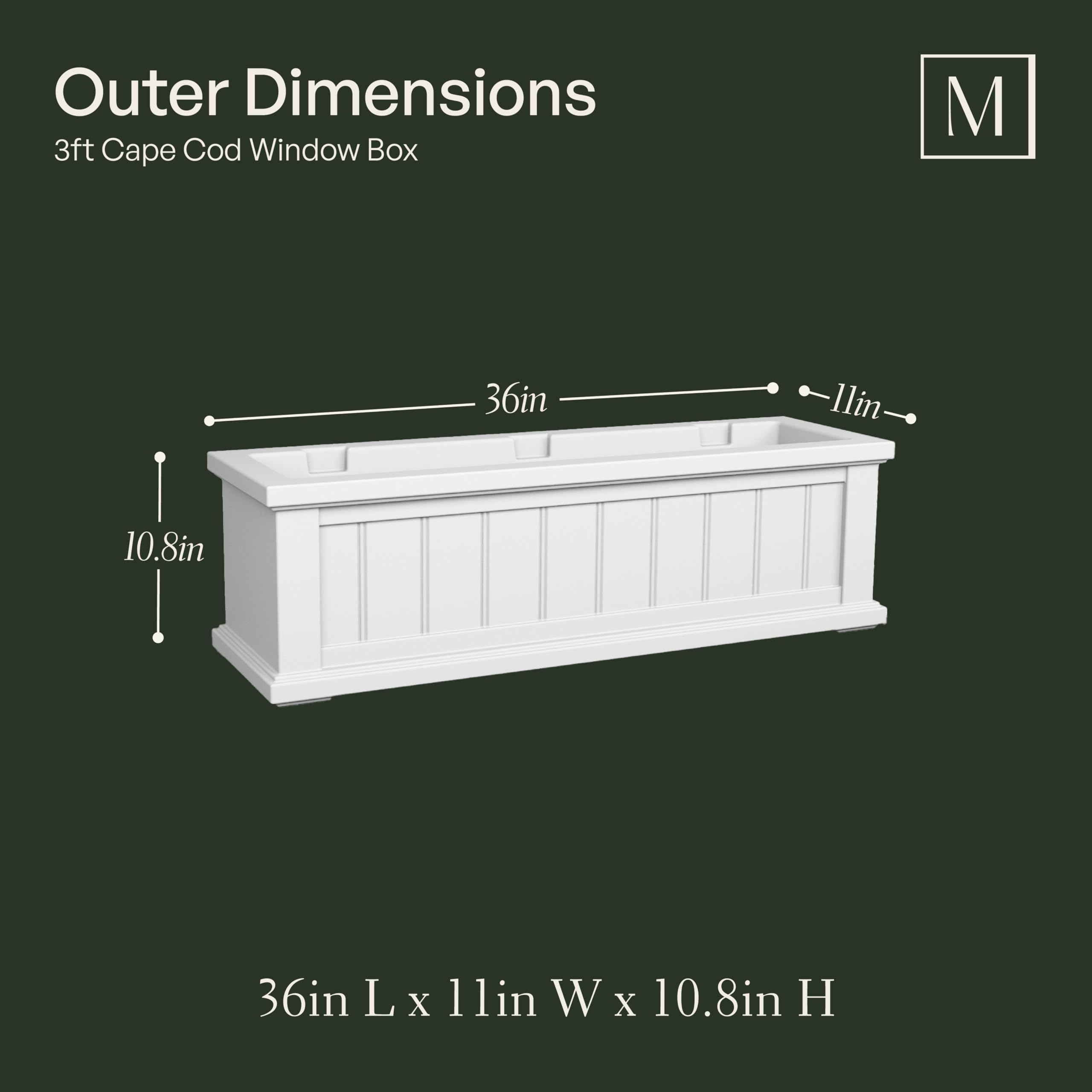 Mayne Cape Cod 3ft Window Box - White - 36in L x 11in W x 10.8in H - with 6.5 Gallon Built-in Water Reservoir (4840-W) - Image 6