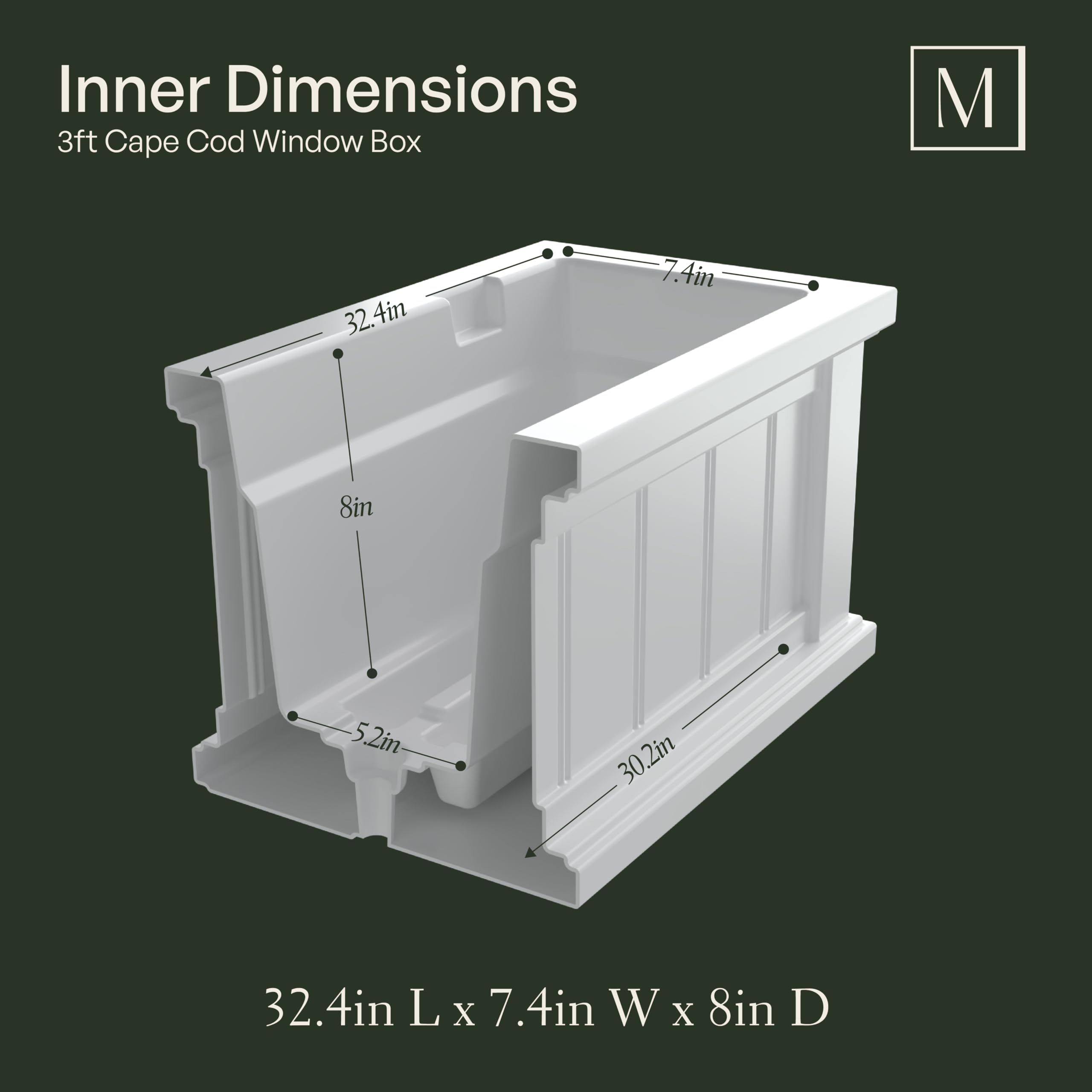 Mayne Cape Cod 3ft Window Box - White - 36in L x 11in W x 10.8in H - with 6.5 Gallon Built-in Water Reservoir (4840-W) - Image 7