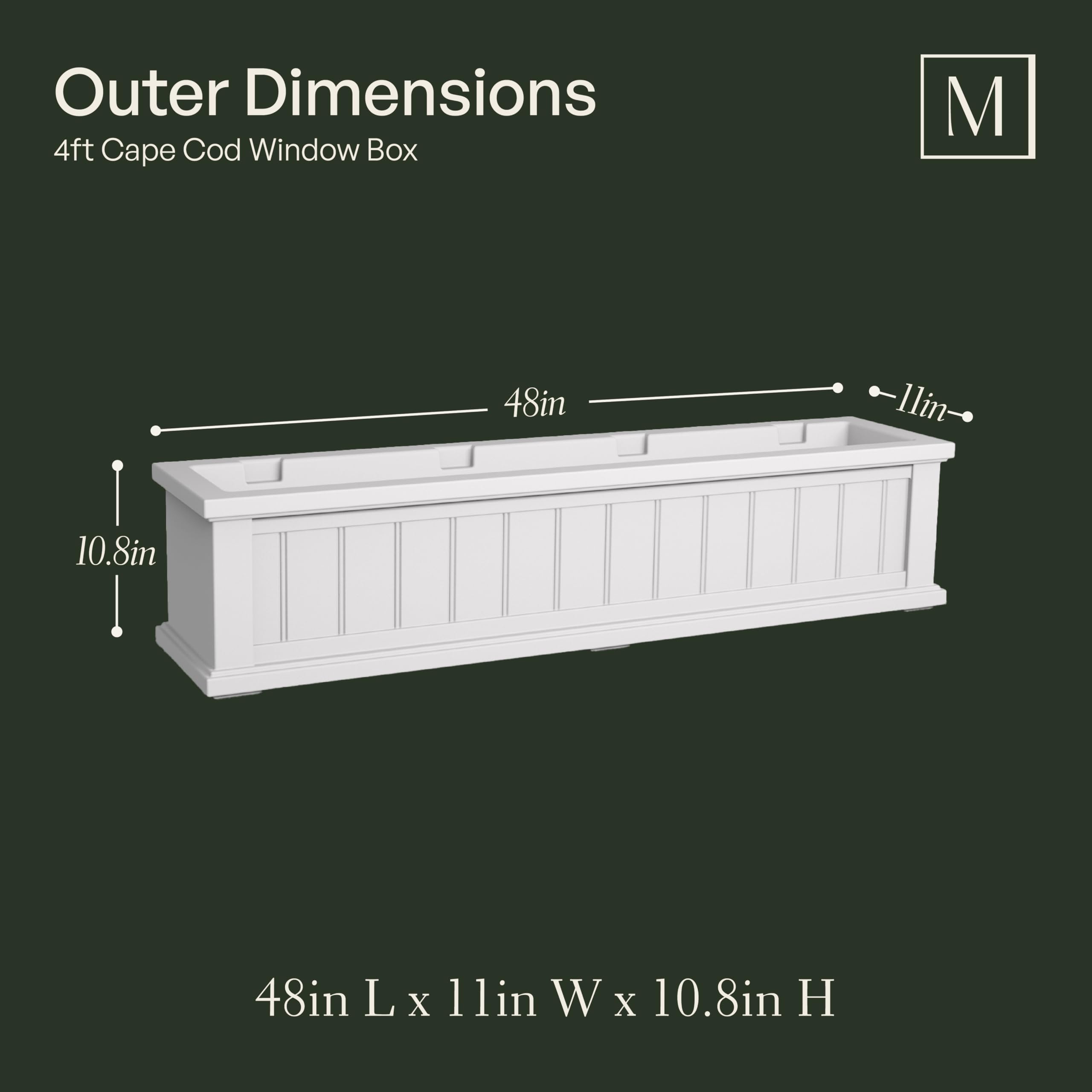 Mayne Cape Cod 4ft Window Box - Black - 48in L x 11in W x 10.8in H - Polyethylene - Built-in Water Reservoir (4841-B) - Image 6